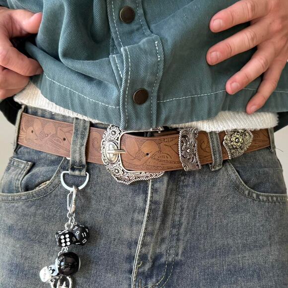 Y2K Brown Leather Belt Silver Buckle Adjustable Fit 26-36" Unisex Vintage New - Picture 1 of 9